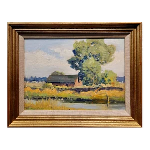 Arthur Hill Gilbert -Red Barn in a Farm Landscape -C1930s Oil Painting