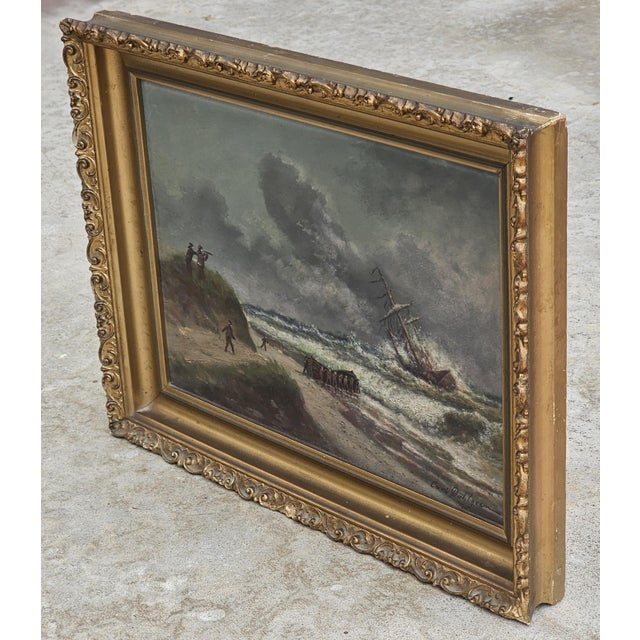 Traditional Carl Dahlgren Marine Shipwreck Oil Painting “Stranding on Jutland Coast” 1930s For Sale - Image 3 of 15