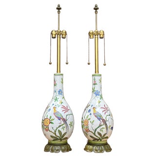 1970's Monumental Mabro Italian Majolica Pheasant & Tree of LIfe Lamps - A Pair For Sale