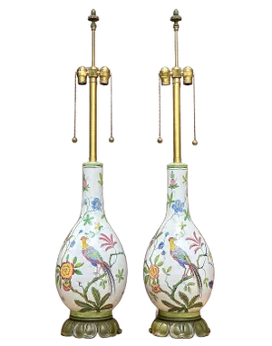 1970's Monumental Marbro Italian Majolica Pheasant & Tree of LIfe Lamps - A Pair