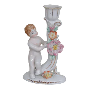 Porcelain Cherub and Flower Figurine Candle Holder