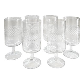 1960s Mid-Century Etched Water/ Wine Goblets Criss-Cross Band Center Set of 6 For Sale