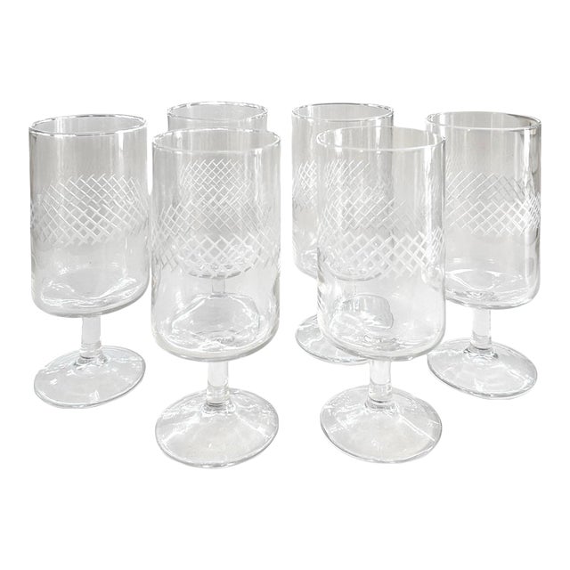 1960s Mid-Century Etched Water/ Wine Goblets Criss-Cross Band Center Set of 6 For Sale