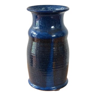 MId-Century Hand Thrown California Studio Pottery Vase in Blue Glaze in Unique Form and Ribbed Neck For Sale