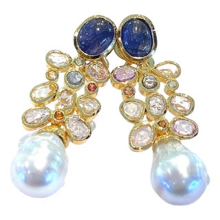 Bochic "Capri" Vintage Rose Cut Sapphires & South Sea Earrings 18K Gold & Silver For Sale