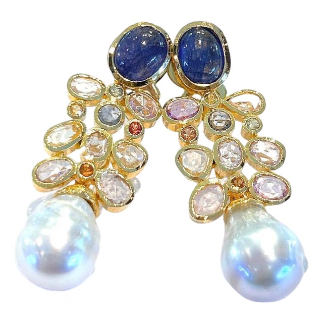 Bochic "Capri" Vintage Rose Cut Sapphires & South Sea Earrings 18K Gold & Silver For Sale