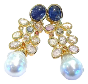Bochic "Capri" Vintage Rose Cut Sapphires & South Sea Earrings 18K Gold & Silver