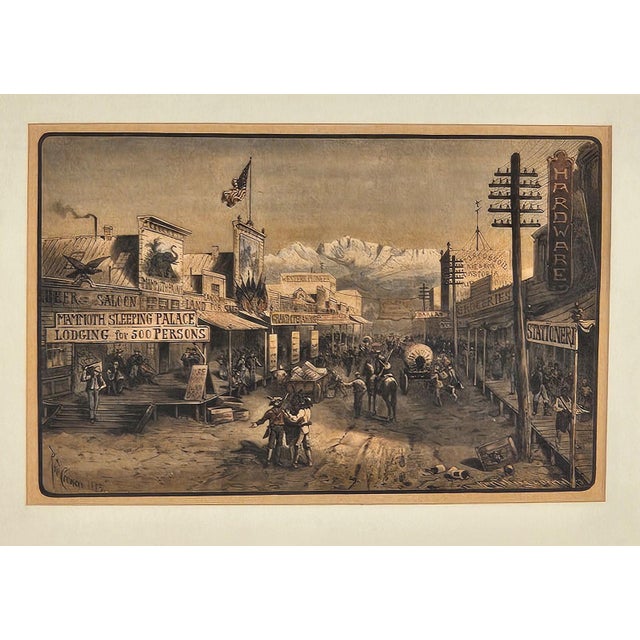 An engraving of a Western town by Rudolf Cronau, circa 1885.