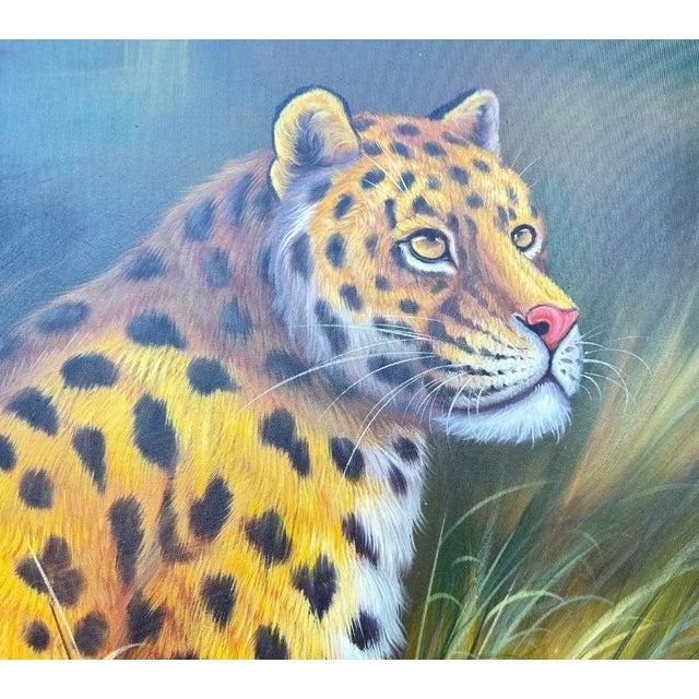 Dark Green 1980s Large Framed Oil Painting of a Leopard in the Wild by C. Benlot – 42" X 54" For Sale - Image 8 of 12