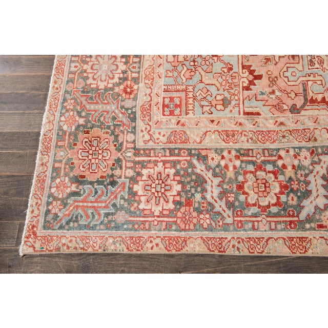 Textile Antique Persian Heriz Wool Rug Handmade in Red Featuring a Medallion Motif For Sale - Image 7 of 10