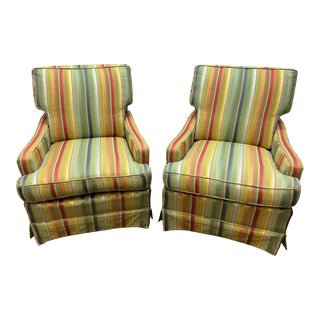 Vintage Traditional American Multi Colored Striped Club Chairs - Pair For Sale