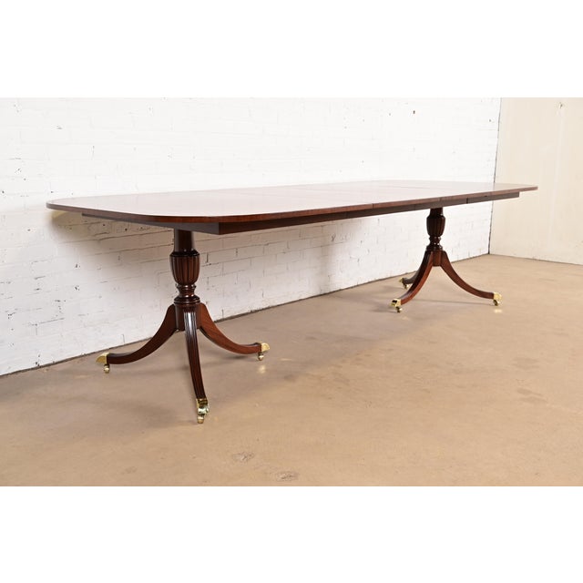 Councill Furniture Councill Furniture Georgian Banded Mahogany Double Pedestal Extension Dining Table, Newly Refinished For Sale - Image 4 of 14