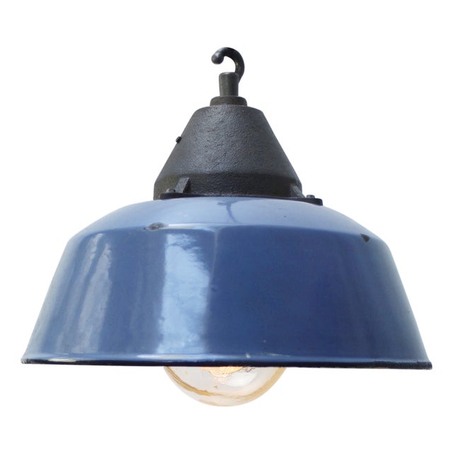 Vintage Industrial Blue Enamel and Cast Iron Pendant Lamp For Sale