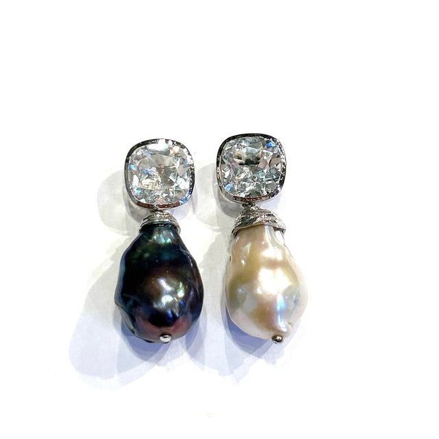 Metal Bochic “Orient” Topaz & White South Pearls Earrings set 18K White Gold & Silver, 2 pieces For Sale - Image 7 of 11