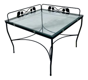 Iron Patio Corner Table With Galley Bar on Two Sides and Glass Top.