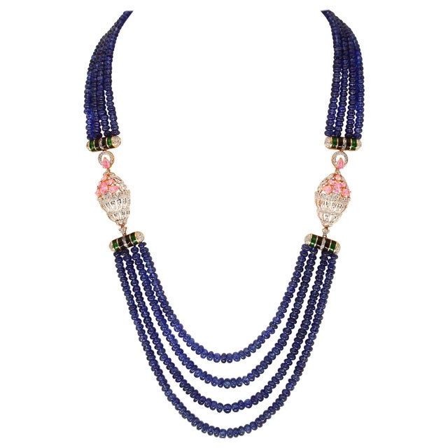 575 Ct Natural Tanzanite Bead Four Strand Necklace + 6.5 Ct Diamond 14 K Y Gold For Sale - Image 15 of 18