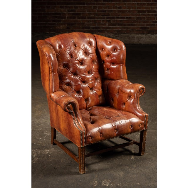 Mid 20th Century Tufted Vinyl Chesterfield Wingback Armchair in Brown For Sale - Image 4 of 17
