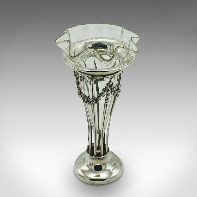 1900s Edwardian Small Antique Stem Vase, English, Silver, Glass, Decor, Art Nouveau For Sale - Image 6 of 11