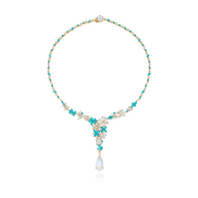 Contemporary Nina Zhou Symphony Turquoise Moonstone Diamond Necklace in 14k Yellow Gold For Sale - Image 3 of 7