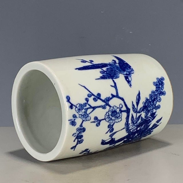 Chinese Vintage Blue & White Porcelain Brush Pot – Bird & Plum Blossom Motif, Dated 1966 For Sale - Image 3 of 9