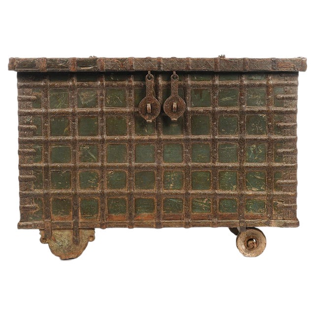 Wooden Chest with Steel Veneer and Green Patina, 1840s For Sale