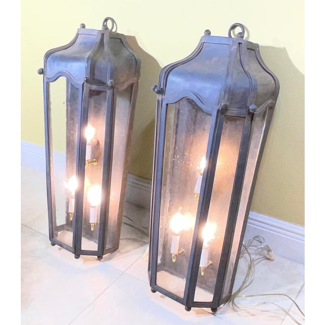 Metal Large Exceptional Pair of Hand-Forged Iron Wall Lanterns Architectural Sconces For Sale - Image 7 of 14
