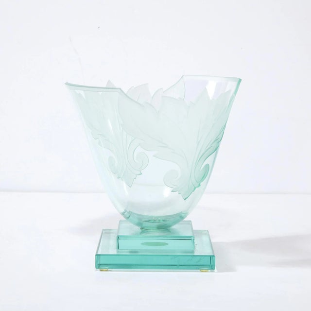 Frosted and Etched Cut Glass Leaf Vase/Bowl on Geometric Base by Robert Guenther For Sale In New York - Image 6 of 12