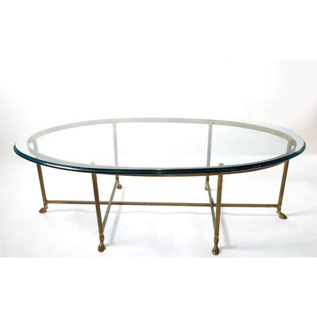 Mastercraft 1970s Hollywood Regency Mastercraft Brass Hoof Feet Coffee Table Racetrack Glass Top For Sale - Image 4 of 15