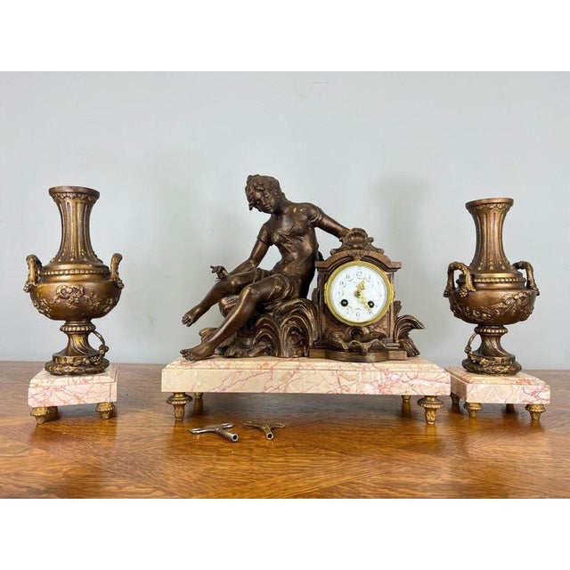 French Art Nouveau Style Bronze Mantel Clock Garniture For Sale - Image 16 of 16