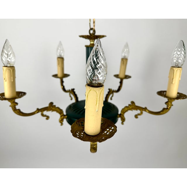 Traditional Vintage Empire Bronze Green Gold Chandelier with 5 Arms For Sale - Image 3 of 11