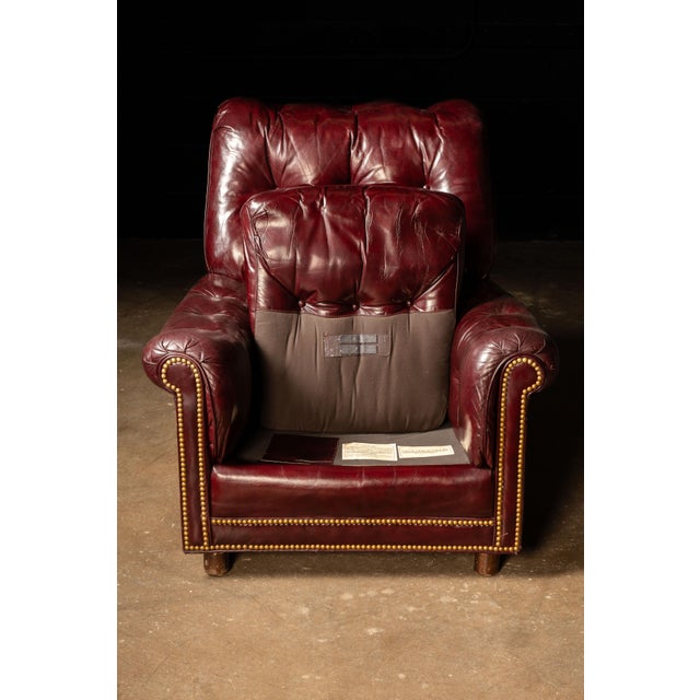 Vintage Tufted Leather Chesterfield Armchair and Ottoman Set in Burgundy For Sale - Image 9 of 12