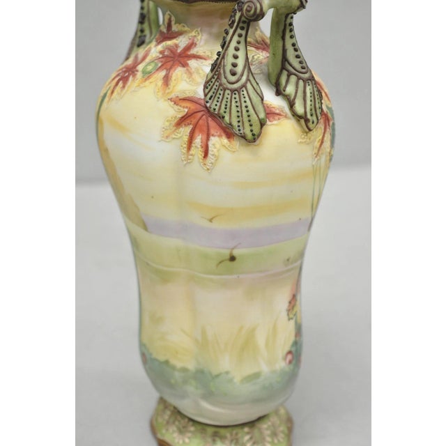 Antique Nippon Hand Painted Porcelain Moriage Twin Handle Countryside Scene Vase For Sale - Image 15 of 18