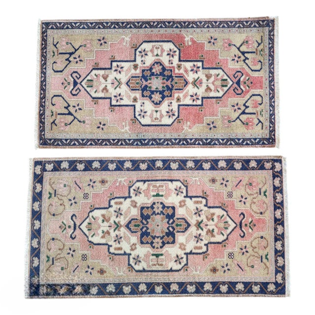 1970s Vintage Petite Turkish Rug - a Pair 22" x 39" / 55 x 98 Cm - 22" x 41" / 57 x 103Cm Hand woven with high quality...