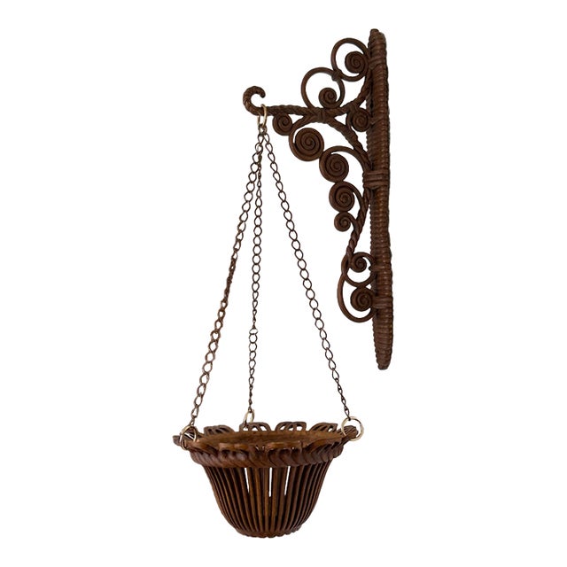 1960s Rattan Style Plant Hanger and Bracket For Sale