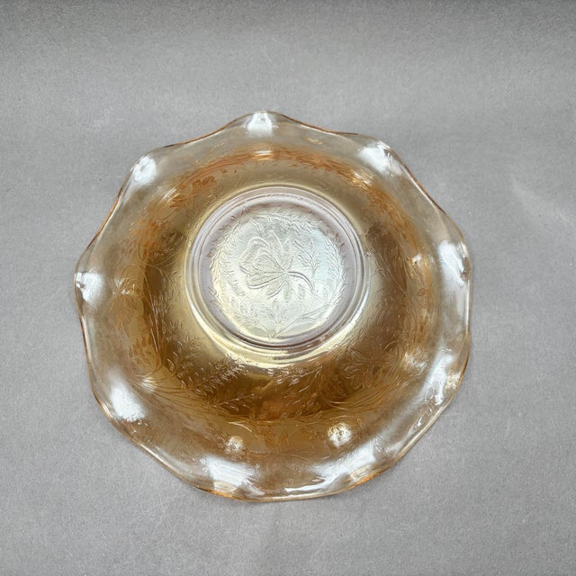 Amber Vintage Jeannette Glass Co. Iridescent Marigold Glass “Floragold or Louisa” Ruffled Bowl With Impressed Florals For Sale - Image 8 of 9