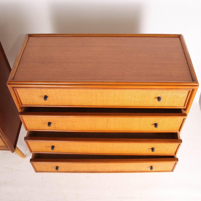 Rare pair of raffia and light wood chests of drawers from the 1970s. One has four large drawers, the other has four small...