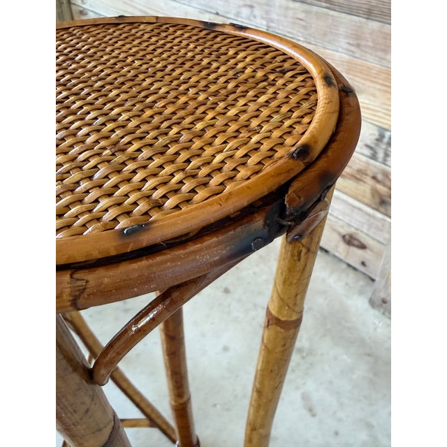 Vintage Pair of Faux Bamboo and Woven Rattan Plant Stands For Sale - Image 11 of 12