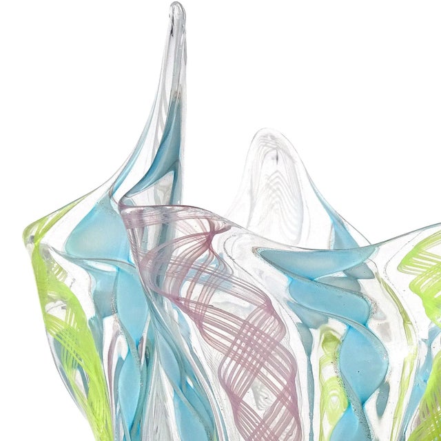 Murano Vintage Murano Pink Yellow Blue Pastel Colors Italian Art Glass Fazzoletto Handkerchief Decorative Vase For Sale - Image 4 of 8