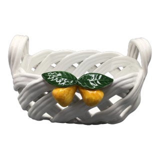 Woven Ceramic Fruit Basket Centerpiece With Pears and Leafs Made in Portugal by Berados For Sale