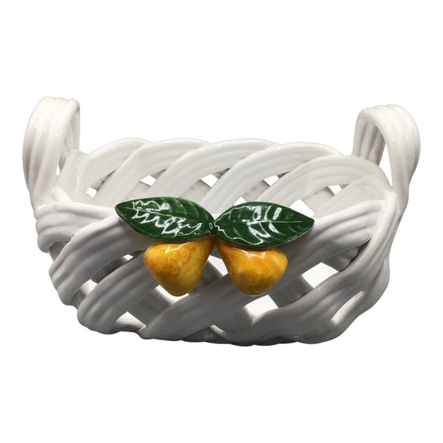 Woven Ceramic Fruit Basket Centerpiece With Pears and Leafs Made in Portugal by Berados For Sale