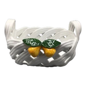Woven Ceramic Fruit Basket Centerpiece With Pears and Leafs Made in Portugal by Berados