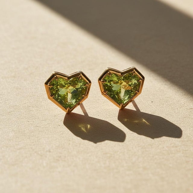 Not Yet Made - Made To Order Geometric Heart Peridot Stud Earrings, Silver, Gold, Pair For Sale - Image 5 of 8