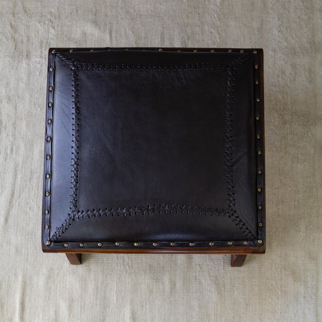 Wood Leather and Rosewood X Frame Ottoman or Footstool With Brass Nailhead Trim For Sale - Image 7 of 13