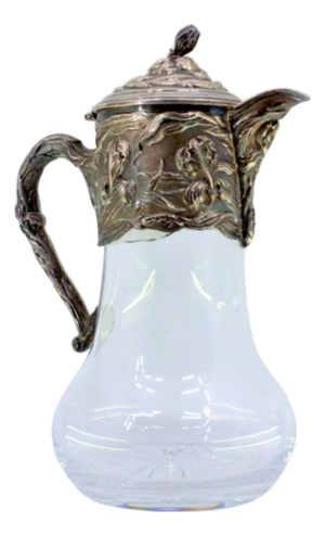Wine Jug with Smooth Glass Body and Embossed Silver Application, with Floral Motifs and Flower-Shaped Knob Lid