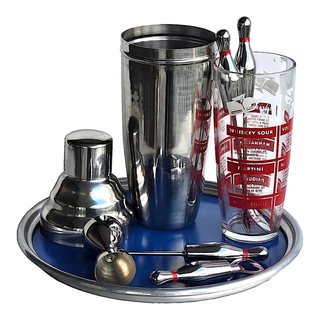 Vintage Cocktail Set With Tools, Shaker, Glass Mixer, and Tray, 9 Pieces For Sale