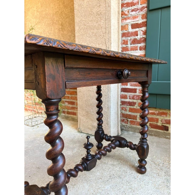 Antique English Console Table Writing Desk Jacobean Barley Twist Carved Oak C1890 For Sale In Dallas - Image 6 of 18