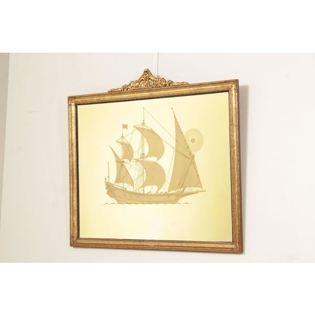 High Quality Carved Giltwood Frame Wall Mirror with Etched Decoration of Galleon Style Masted Ship