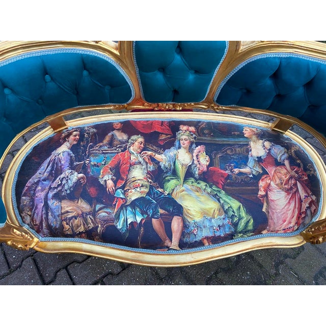 1980 French Louis XVI Blue Velvet Gilt Beech Settee For Sale - Image 12 of 15