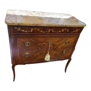 Late 19th Century Antique Louis XV Style Brass Mounted Marquetry Kingwood Marble-Top Bureau Chest of Drawers