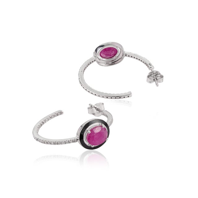 Metal Art Deco 14k White Gold 3.19ct Ruby, Diamond & Black Enamel Hoop Earrings- A Pair For Sale - Image 7 of 16